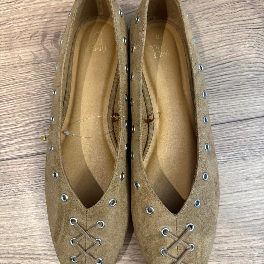 Time and Tru Tan Suede Eyelet Lace-Up Ballet Flats